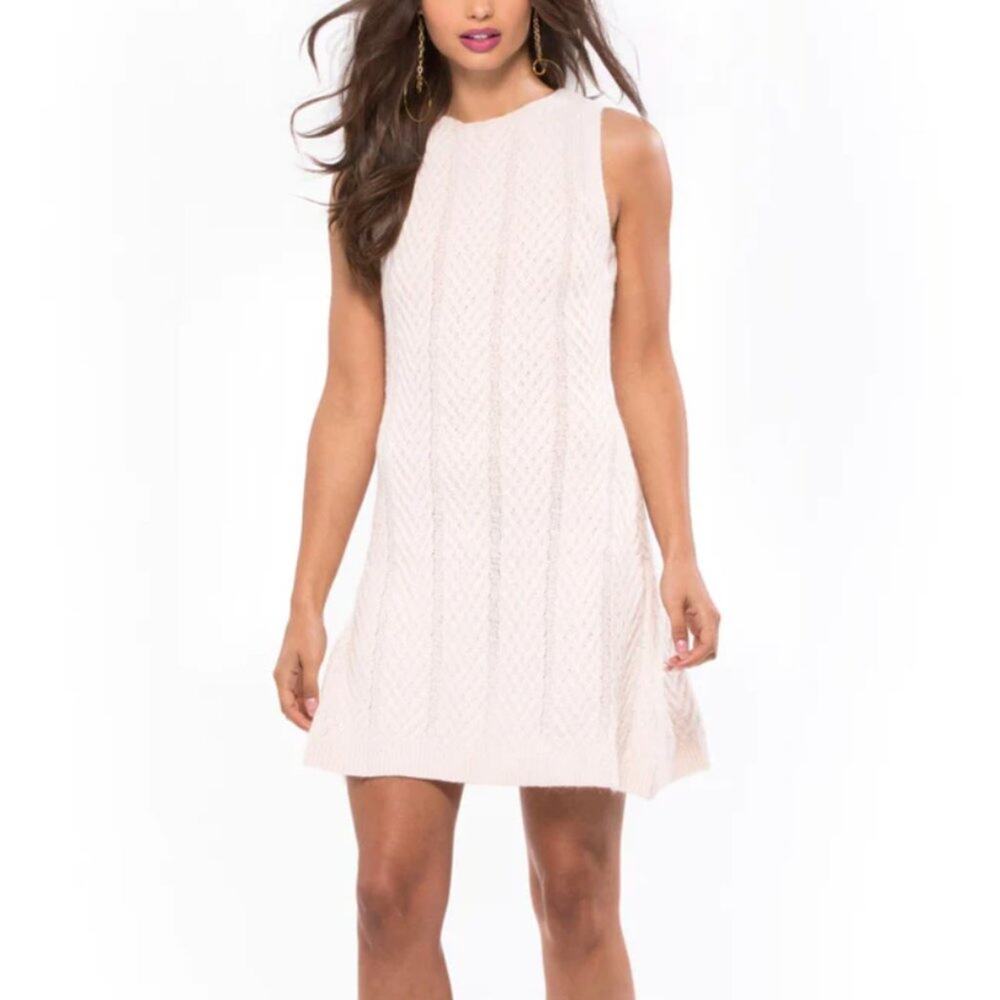 JOA Ivory Cable Knit Sweater Mini Dress Sleeveless Stretch Angora Blend L NWT